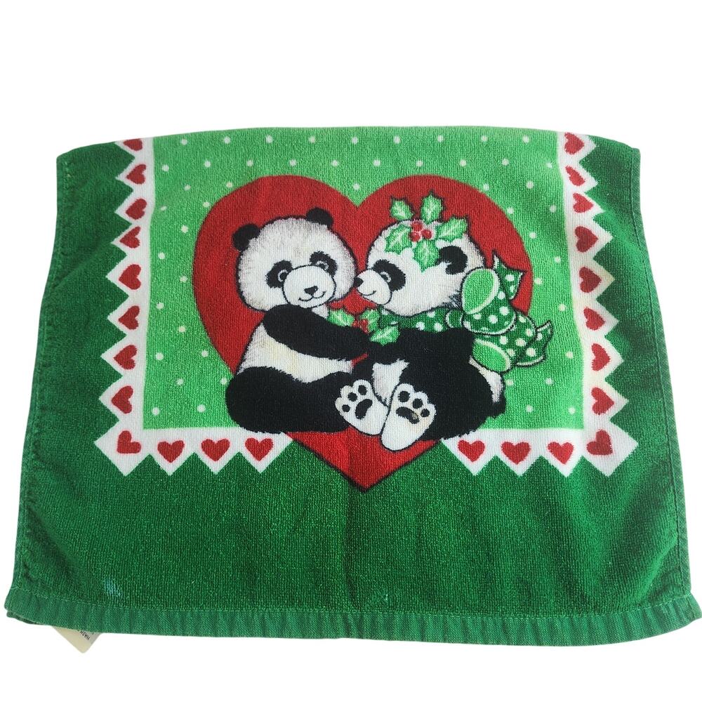 Vintage Panda Heart Green Holly Christmas Hand Towel 25"x16"